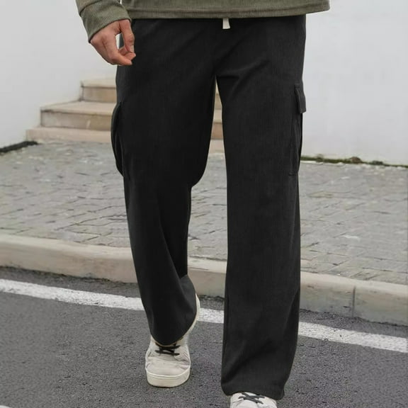 Mens Cargo Pants Loose Waist Relaxed Fit Outdoor Elastic Bottom Pants Athletic Drawstring Multiple Pockets Joggers Pants Casual Straight Leg Pleated Dress Pants