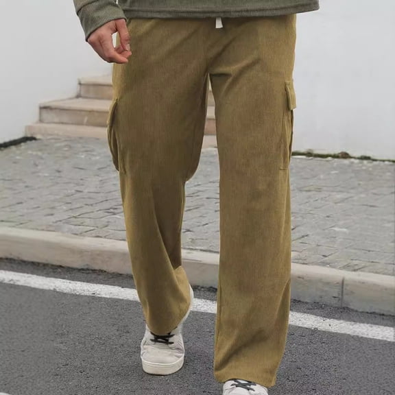 Mens Cargo Pants Loose Waist Relaxed Fit Outdoor Elastic Bottom Pants Athletic Drawstring Multiple Pockets Joggers Pants Casual Straight Leg Pleated Dress Pants