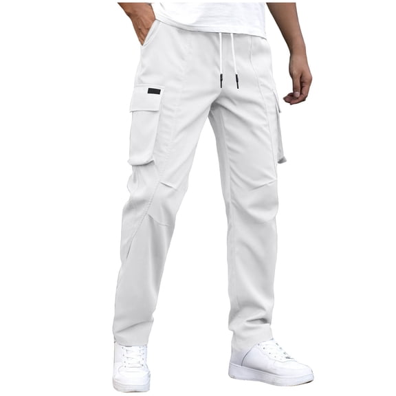 Mens Cargo Pants Outdoor Multi-Pocket Elastic Waist Drawstring Hiking Fishing Travel Trousers Dad Gifts