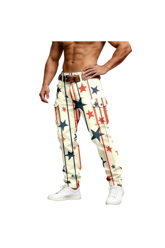 Mens Cargo Pants Patriotic Print Daily Wear Activities Mens Jeans Relaxed Fit,White,L
