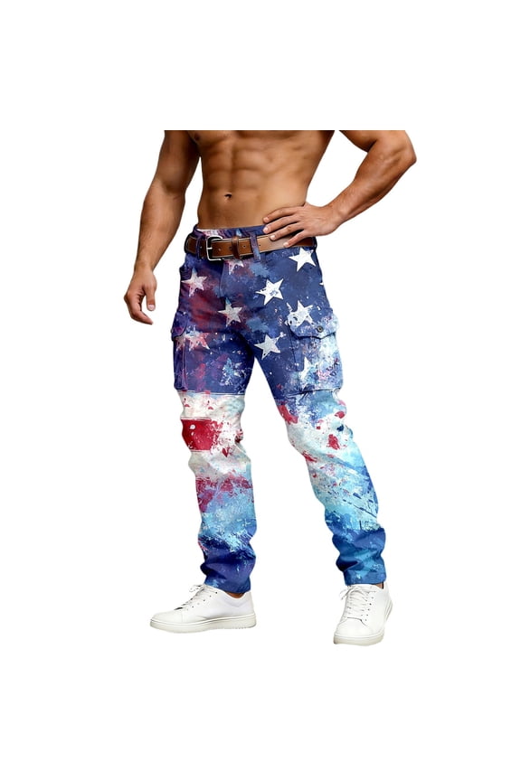 Mens Cargo Pants Patriotic Print Independence Day Anniversary Mens Jeans Regular Fit,Blue,XL
