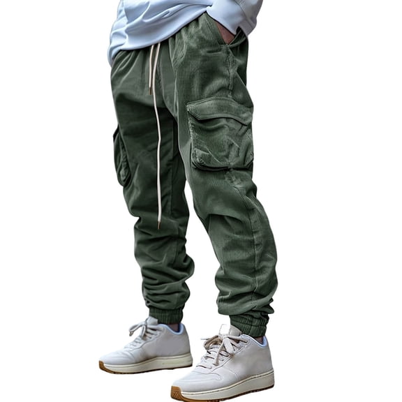 Mens Cargo Pants Relaxed Fit Corduroy Workwear Pants Vintage Style with Multi Pockets Elastic Lightweight Trousers Green L