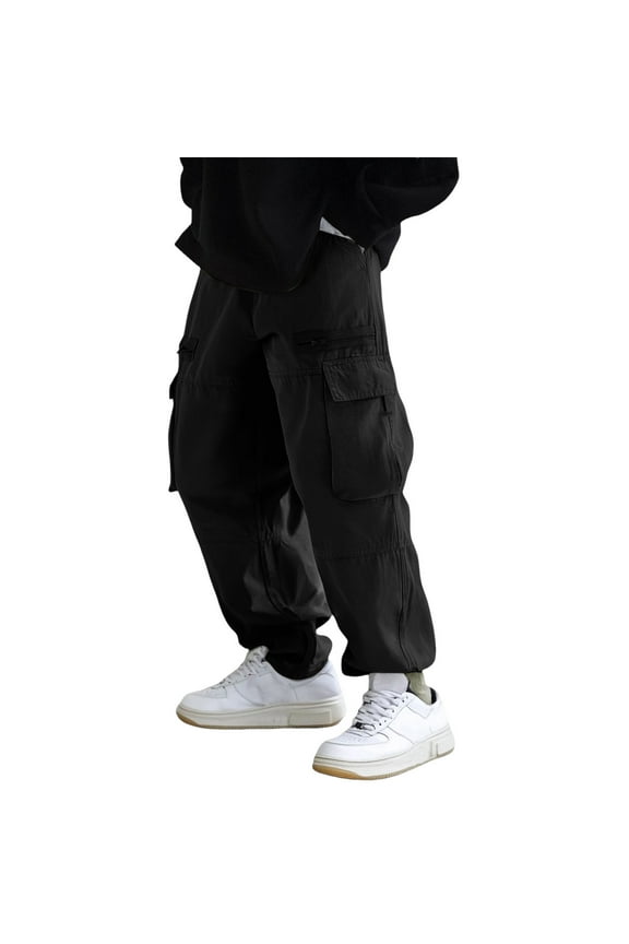 Mens Cargo Pants Relaxed Fit Vintage Casual Pants High Street Urban Style Straight Leg Lightweight Streetwear Trousers Black S