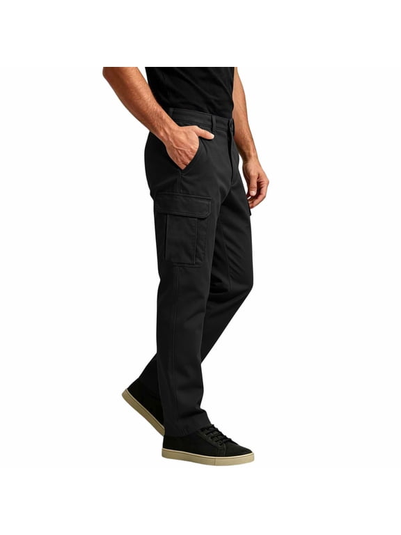 Mens Cargo Pants Relaxed Straight Leg Multi Pocket Button Waist Belt Loops Elastic Waist Casual Work Solid Color Trousers(Black,L)