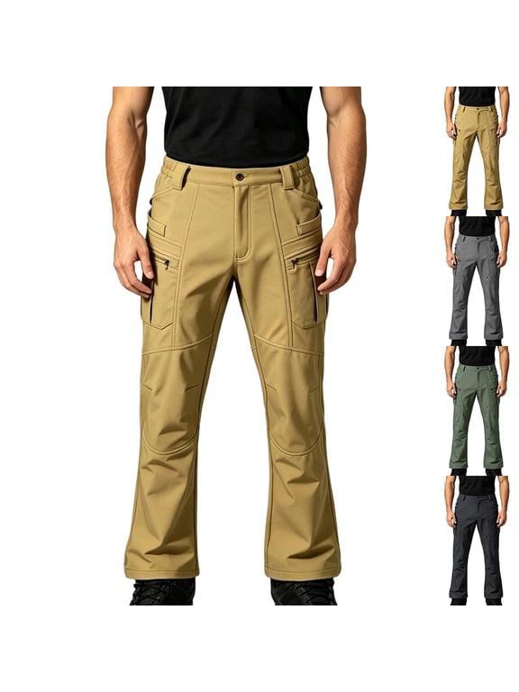 Mens Cargo Pants Sevevn Button Fly Elastic Back Waist Zip Pockets Articulated Knee Bootcut Leg Softshell Trousers for Hiking Outdoor Work Wear