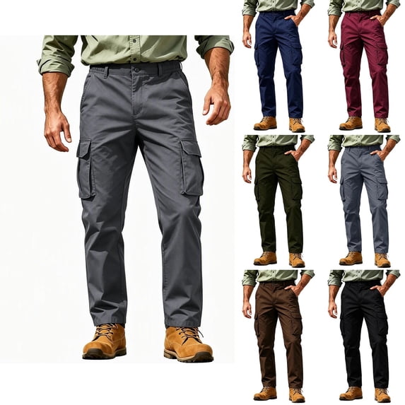 Mens Cargo Pants Sevevn Button Fly Elastic Side Waist Large Flap Pockets Straight Leg Relaxed Fit Cotton Woven Trousers for Casual Work Daily Wear