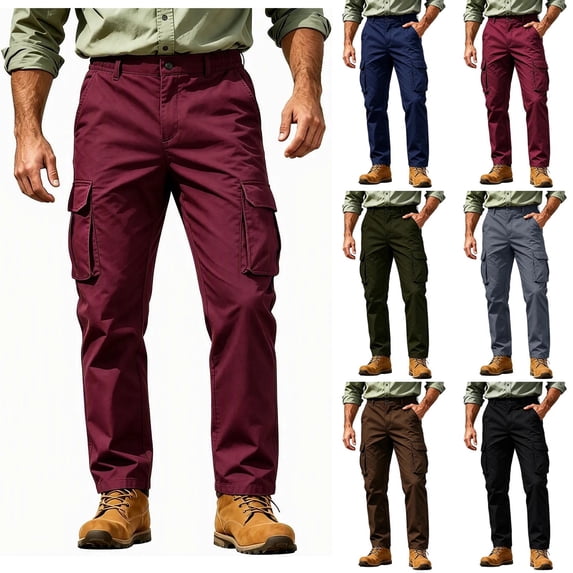 Mens Cargo Pants Sevevn Button Fly Elastic Side Waist Large Flap Pockets Straight Leg Relaxed Fit Cotton Woven Trousers for Casual Work Daily Wear