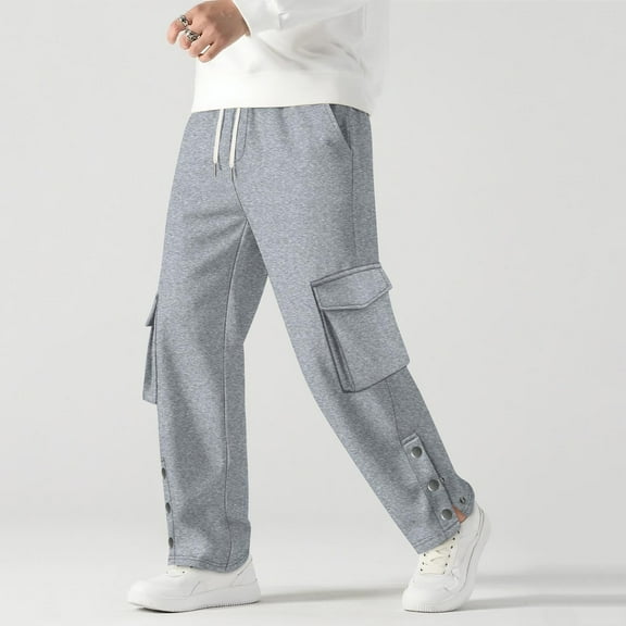 Mens Cargo Pants Solid Casual Straight Wide Leg Trousers Pocket Loose Workwear Joggers Pants Tether Waist Fork Opening Straight Type Long Pants