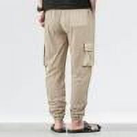 Mens Cargo Pants Solid Casual With Pockets Elastic Waist Sport Long Pants Trousers Khaki