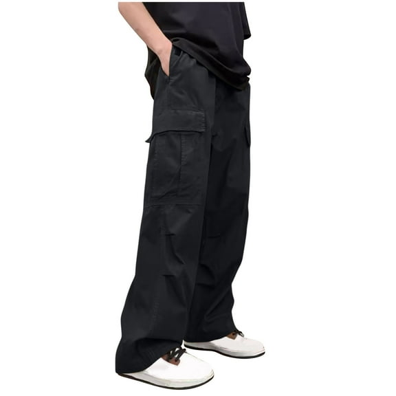 Mens Cargo Pants Solid Color Elastic Waist Full Length Pants Black