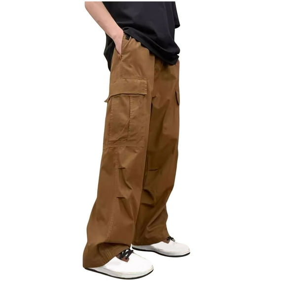 Mens Cargo Pants Solid Color Elastic Waist Full Length Pants Brown
