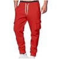 Mens Cargo Pants Solid Color Pocket Drawstring Elastic Waist Pants Red