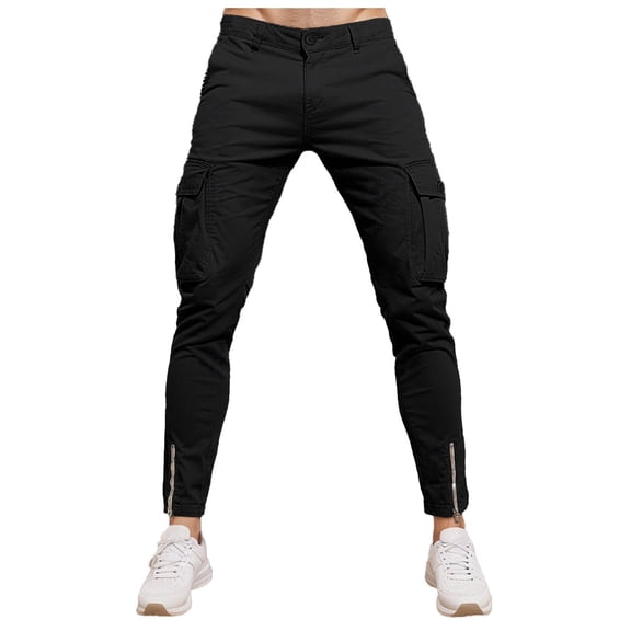 Mens Cargo Pants Stretch Casual Joggers Zipper Tapered Straight Leg Lightweight Athletic Workout Streetwear Pants Black L