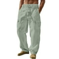 thumbnail image 1 of Mens Cargo Pants Stretch Linen Cotton Casual Pants Multi Pockets Breathable Wide Leg Lightweight Spring Fall Trousers Army Green L, 1 of 8