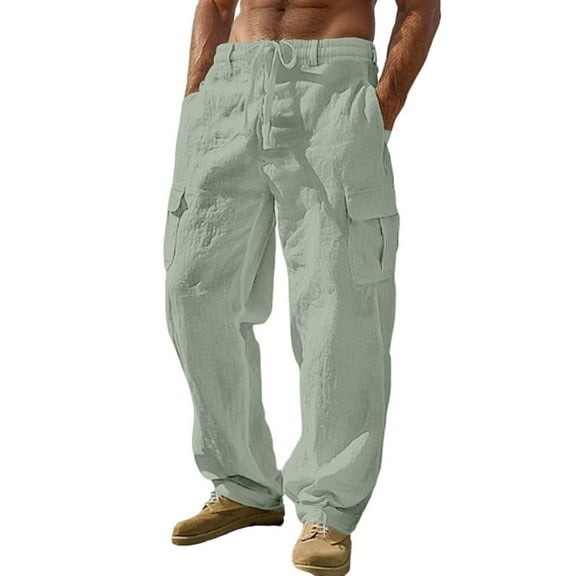 Mens Cargo Pants Stretch Linen Cotton Casual Pants Multi Pockets Breathable Wide Leg Lightweight Spring Fall Trousers Army Green L