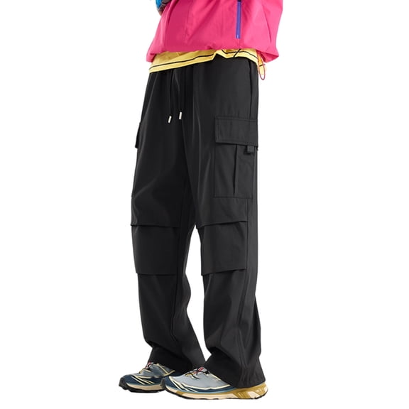 Mens Cargo Pants Stretch Parachute Pants Straight Leg Casual Trousers with Dragging Hem Lightweight Streetwear Style Black L