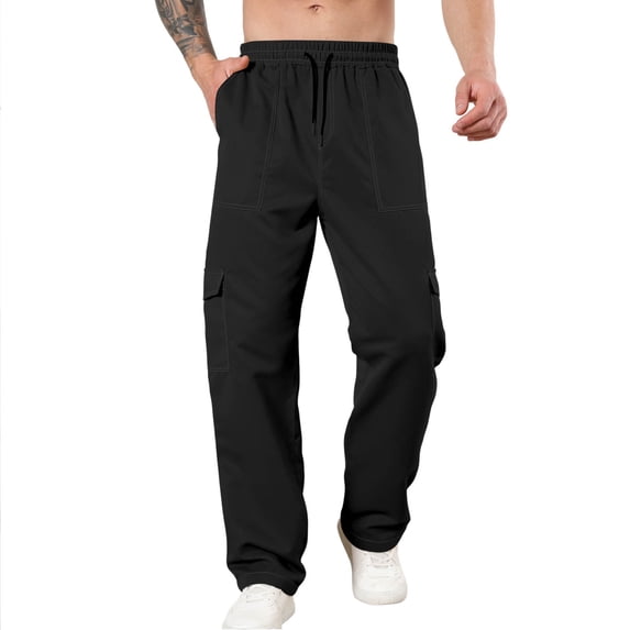 Mens Cargo Pants Work Drawstring Casual Straight Leg Elastic Waist Trousers Sports Hiking Pants with Multi Pockets (Black,L)