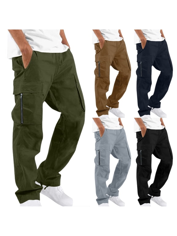 Mens Cargo Pants Zipper Pockets Straight Leg Loose Fit Techwear Streetwear Casual Trousers