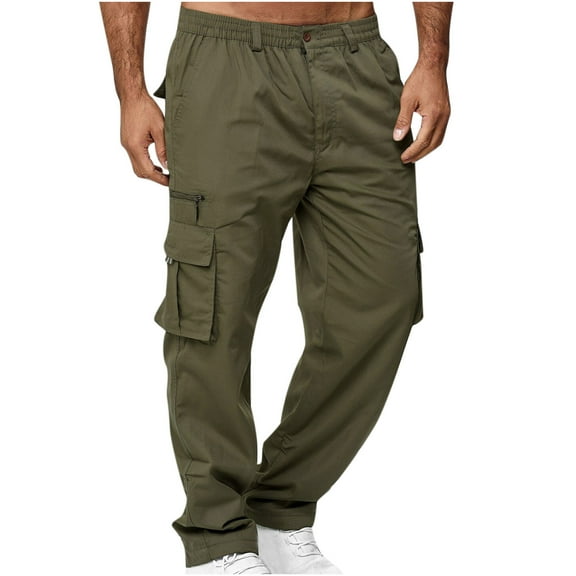 Mens Cargo Pants with 6 Pockets Elastic Waist Solid Casual Joggers Sweatpants Outdoor Work Straight Fit Trousers