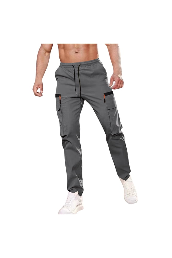 Mens Cargo Pants with Zipper Pockets Drawstring Tapered Drawstring Outdoor Jogging Pants for Workout, Hiking, Running