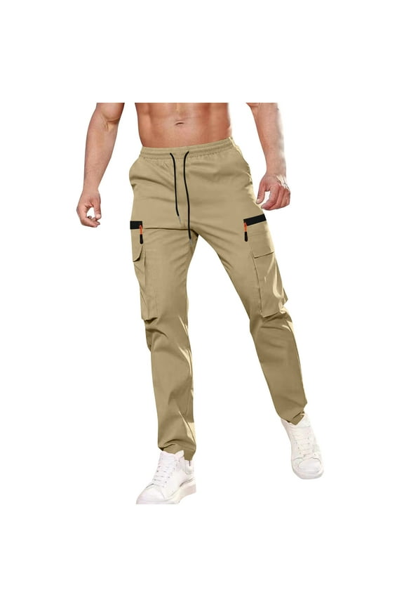 Mens Cargo Pants with Zipper Pockets Drawstring Tapered Drawstring Outdoor Jogging Pants for Workout, Hiking, Running