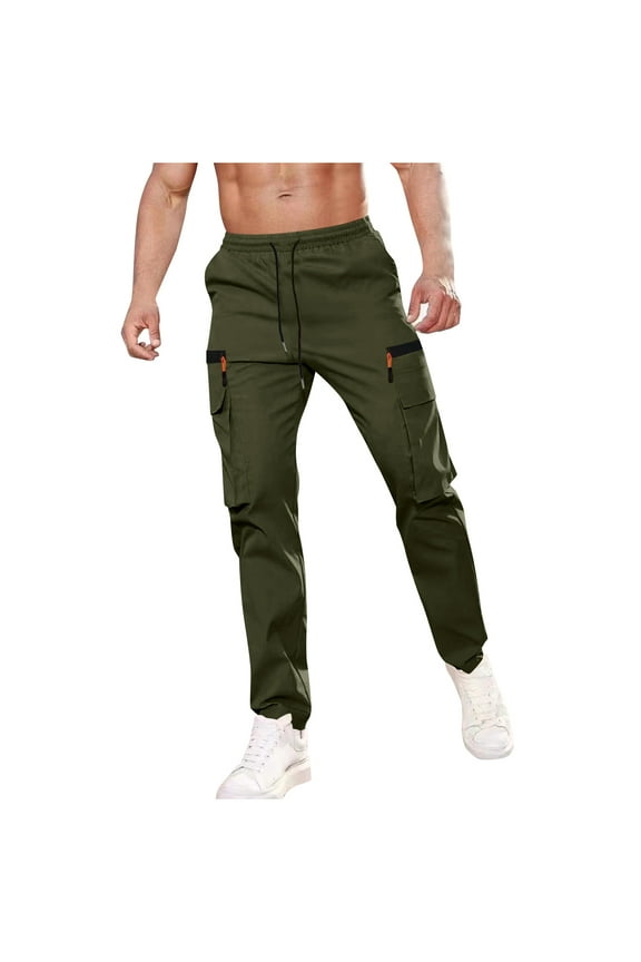 Mens Cargo Pants with Zipper Pockets Drawstring Tapered Drawstring Outdoor Jogging Pants for Workout, Hiking, Running