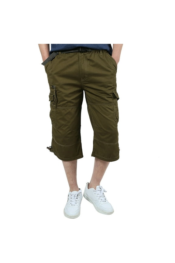 Mens Cargo Shorts 3/4 Relaxed Fit Casual Twill Elastic Below Knee Loose Fit Multi-Pocket Capri Long Shorts