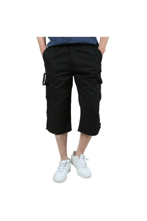 Mens Cargo Shorts 3/4 Relaxed Fit Casual Twill Elastic Below Knee Loose Fit Multi-Pocket Capri Long Shorts