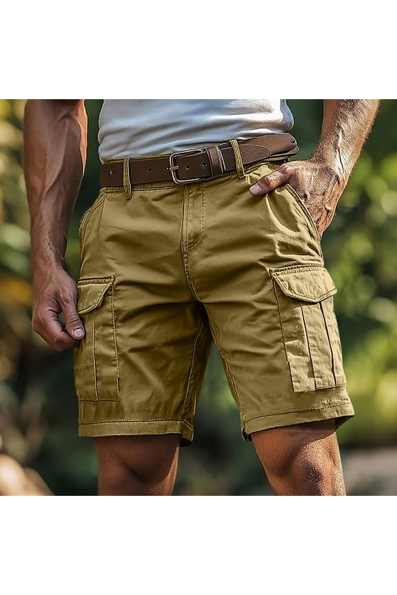 Mens Cargo Shorts 7 Inch Inseam Elastic Waist Stretch Work Shorts Loose Fit Hiking Chino Short Multi Pockets (Khaki,S)