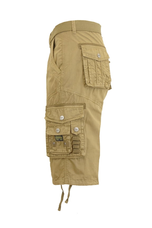 Mens Cargo Shorts Belted Cotton Twill Flat Front Washed Utility Pockets