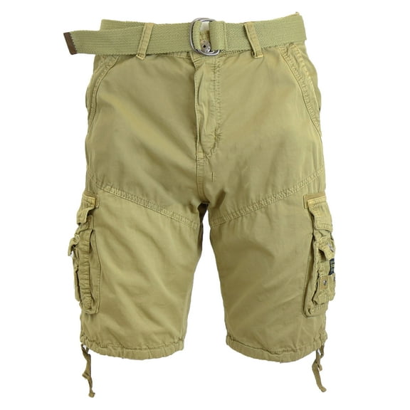 Mens Cargo Shorts Belted Cotton Twill Flat Front Washed Utility Pockets