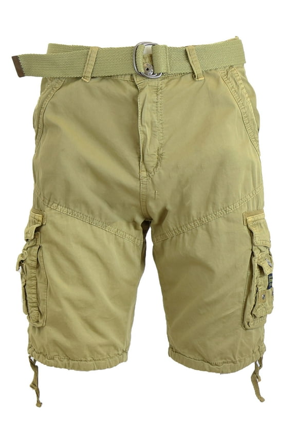 Mens Cargo Shorts Belted Cotton Twill Flat Front Washed Utility Pockets