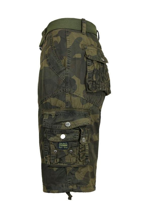 Mens Cargo Shorts Belted Cotton Twill Flat Front Washed Utility Pockets