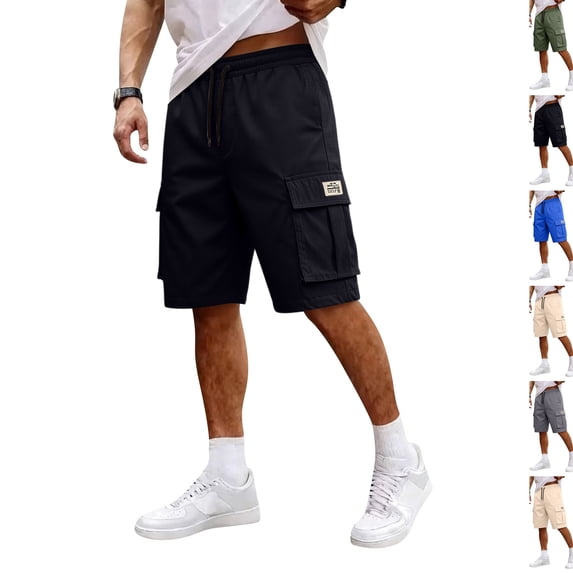 Mens Cargo Shorts Big and Tall Drawstring Elastic Waist Athletic Hiking Shorts Lightweight Bermuda Short with Pockets Black L