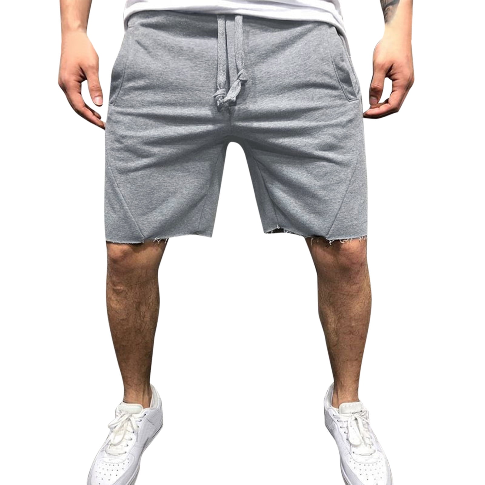 Mens Cargo Shorts Casual Mid Waist Solid Splice Pocket Drawstring Knee