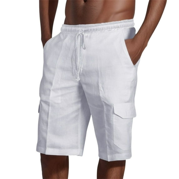 Mens Cargo Shorts Casual Solid Color Elastic Waist Drawstring Shorts with Multi-Pockets Beach Summer Loose Fit Short Pants for Men White M
