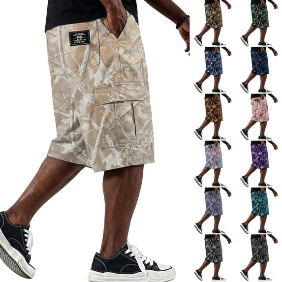 Mens Cargo Shorts Drawstring Elastic Waist Camouflage Shorts Summer Loose Causal Shorts with Multi-Pockets, 5XL
