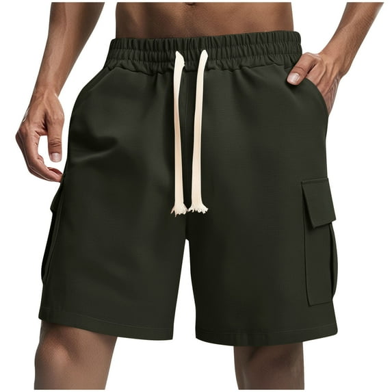 Mens Cargo Shorts Drawstring Running Athletic Short with Pockets Summer Elastic Waist Wide Straight Leg Short Pants