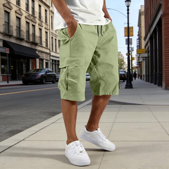 Mens Cargo Shorts Elastic Waist Drawstring Baggy Short Pants Summer Work Casual Solid Sweatpants Shorts with Multi Pockets Green S