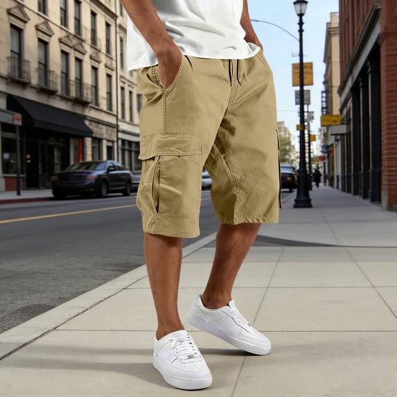 Mens Cargo Shorts Elastic Waist Drawstring Baggy Short Pants Summer Work Casual Solid Sweatpants Shorts with Multi Pockets Khaki XL