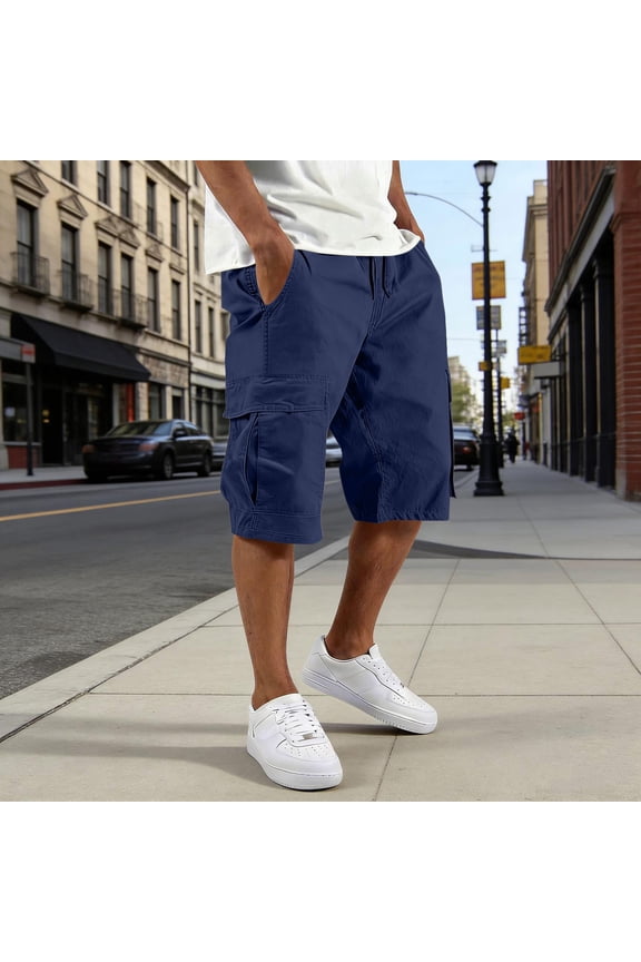 Mens Cargo Shorts Elastic Waist Drawstring Baggy Short Pants Summer Work Casual Solid Sweatpants Shorts with Multi Pockets Navy XL