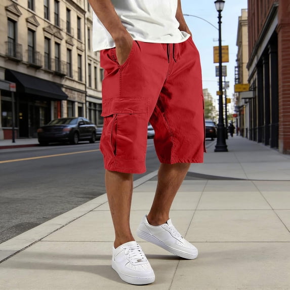 Mens Cargo Shorts Elastic Waist Drawstring Baggy Short Pants Summer Work Casual Solid Sweatpants Shorts with Multi Pockets Red S
