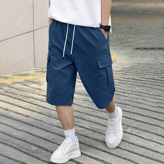 Mens Cargo Shorts Fashion Summer Casual Solid Color Shorts Multi Pockets Outdoor Work Shorts Elastic Waist Straight Wide Leg Sportswear Pants