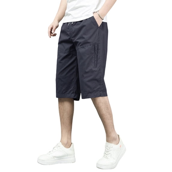 Mens Cargo Shorts Knee Length Elastic Waist Shorts Long Blew Knee Capri Big and Tall Cargo Short Pants Multi-Pocket Relaxed Fit Running Hiking Short Pants,Gray 3XL