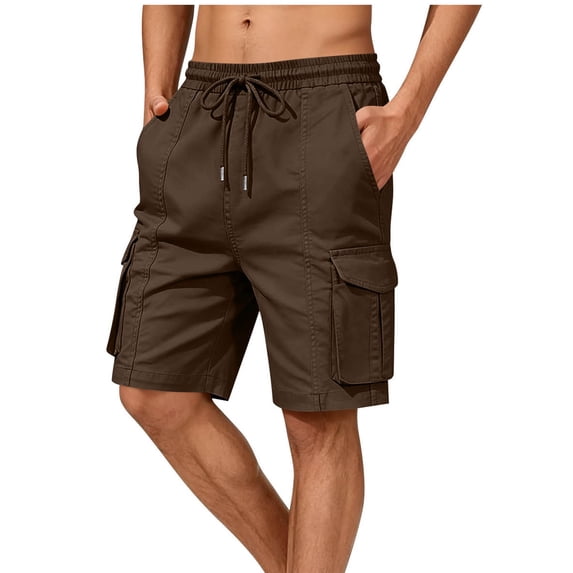 Mens Cargo Shorts Multi-Pockets Elastic Drawstring Waist Outdoor Fishing Hiking Short Pants Fathers Gifts