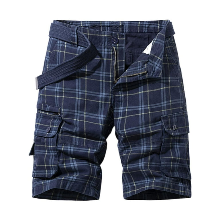 Mens Cargo Shorts Multi Pockets Plaid Soft Waist Summer Casual