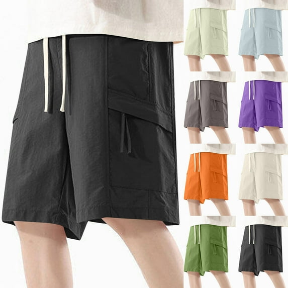 Mens Cargo Shorts with Pockets Big and Tall Elastic Waist Solid Color Summer Casual Pants Outdoor Sports Leisure Workout Hiking Workwear Gifts for Men Orange L