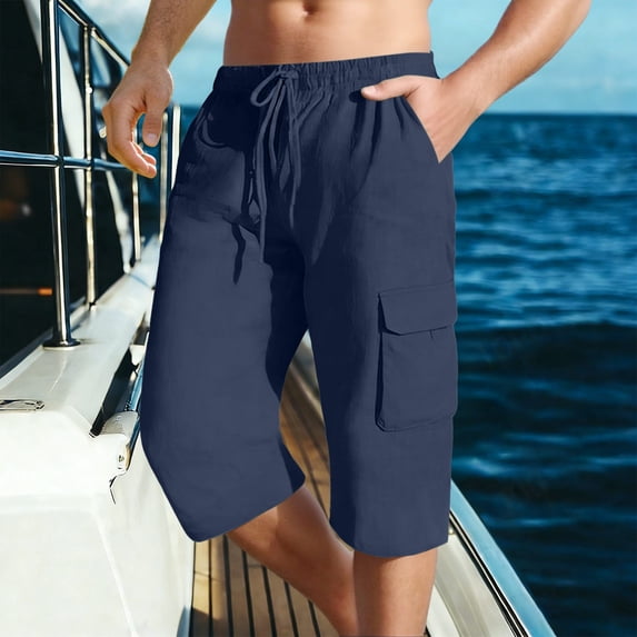 Mens Cargo Shorts Quickly Dry Drawstring Gym Hiking Shorts with Multi Pockets Summer 3/4 Capri Casual Long Shorts, Gifts for Men
