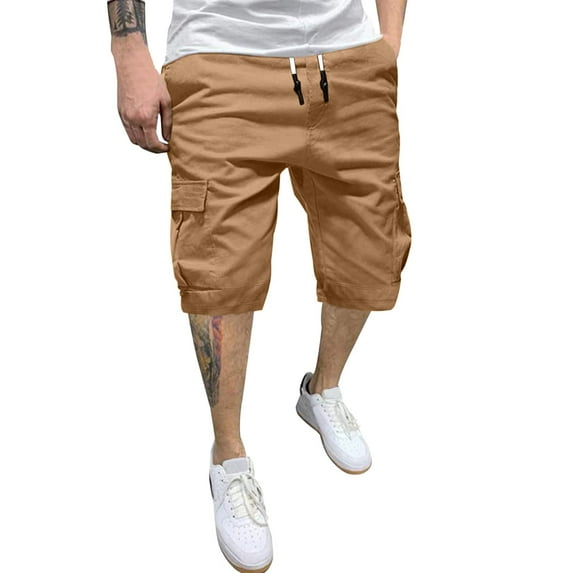 Mens Cargo Shorts Size 36 9 Inch Inseam Below Knee 13 Inches Cotton 3/4 Chino Cargo Shorts Relaxed Fit with Pockets,Khaki,XL