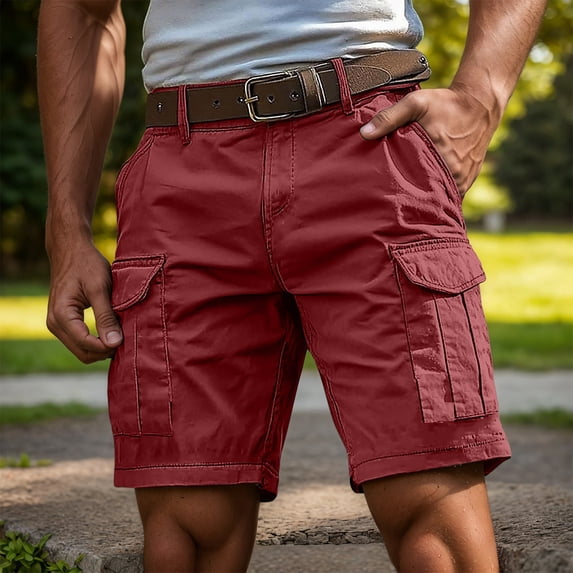 Mens Cargo Shorts Solid Color Elastic Waist Short Pants Breathable Comfortable Retro Loose Casual Shorts for Men Brick Red XXL